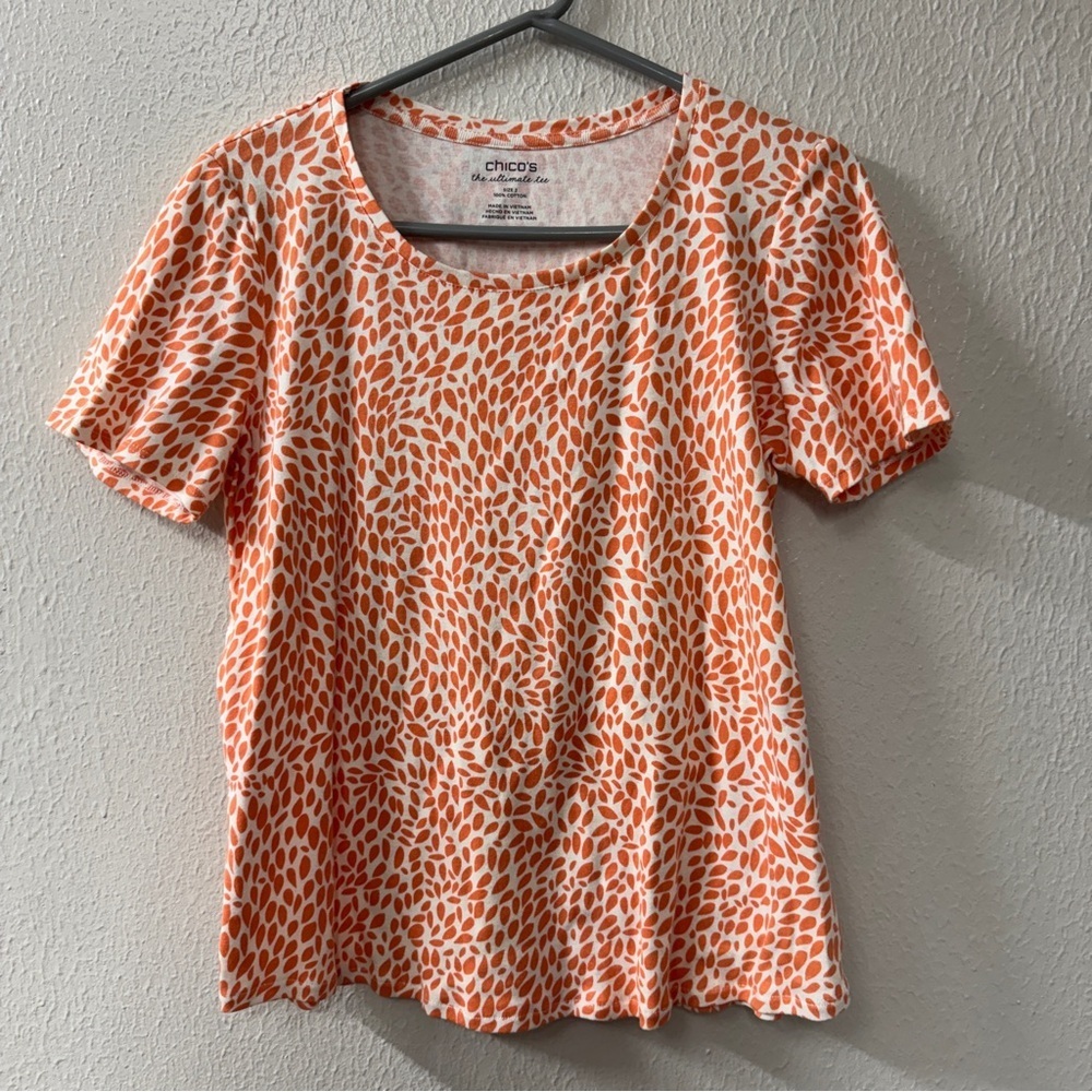 Chico's Cream & Orange Leaf-Print Short Sleeve Scoop Top